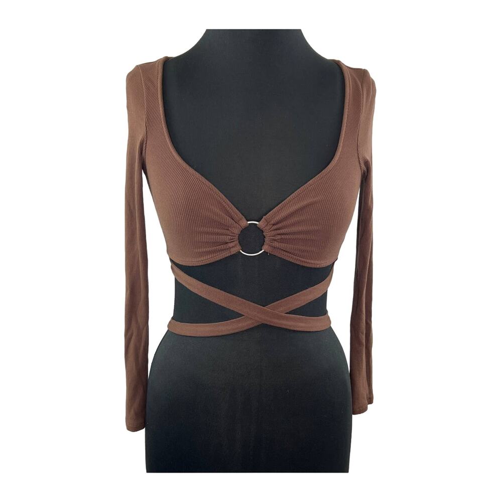Princess Polly Chocolate Brown Cropped Scoop Neck Ribbed Wrap Waist Crop Top 0
